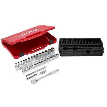Milwaukee 48-22-9508 Ratchet and Socket Set, Alloy Steel, Chrome, Specifications: 3/8 in Drive Size, Metric Measurement