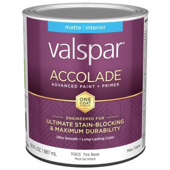 Valspar Accolade 1100 028.0011003.005 Latex Paint, Acrylic Base, Matte, Tint Base, 1 qt, Plastic Can