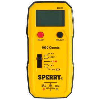 Sperry Instruments DM6260 Multimeter, 4 V, 40 V, 400 V, 600 V (AC/DC), Backlit LCD, Digital Display, Yellow