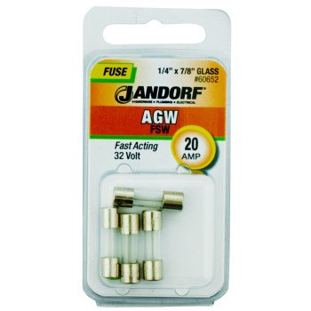 Jandorf 60652 Fast Acting Fuse, 20 A, 32 V, 10 kA Interrupt, Glass Body