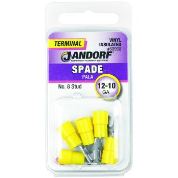 Jandorf 60998 Spade Terminal, 600 V, 12 to 10 AWG Wire, #8 Stud, Vinyl Insulation, Copper Contact, Yellow