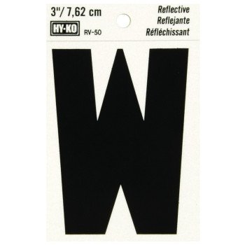 Hy-Ko RV-50/W Reflective Letter, Character: W, 3 in H Character, Black Character, Silver Background, Vinyl