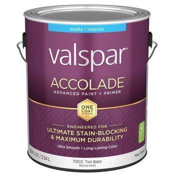 Valspar Accolade 1100 028.0011003.007 Latex Paint, Acrylic Base, Matte, Tint Base, 1 gal, Plastic Can