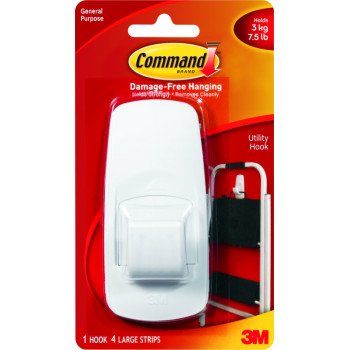 Command 17004 Utility Hook, 11/16 in Opening, 7.5 lb, 1-Hook, Plastic, White