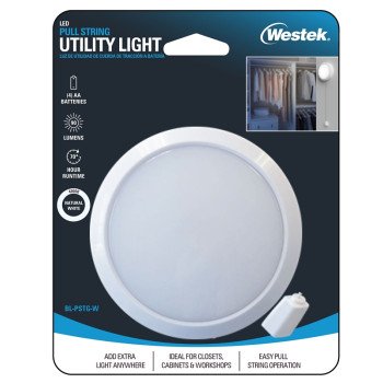 Westek BL-PSTG-W Pull String Utility Light, AA Battery, 1-Lamp, LED Lamp, 90 Lumens, 4000 K Color Temp, White