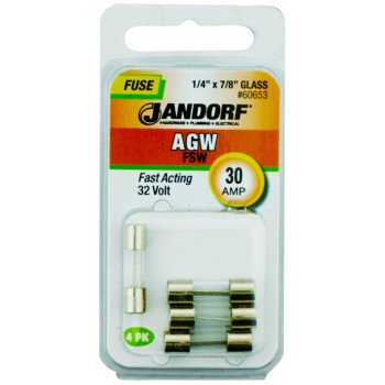 Jandorf 60653 Fast Acting Fuse, 30 A, 32 V, 10 kA Interrupt, Glass Body