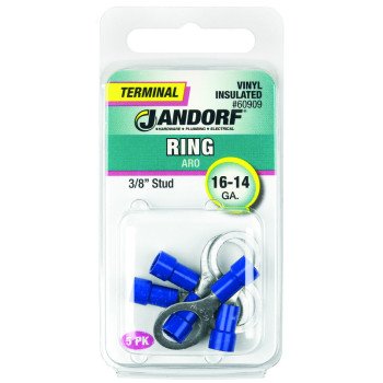 Jandorf 60909 Ring Terminal, 16 to 14 AWG Wire, 3/8 in Stud, Vinyl Insulation, Copper Contact, Blue