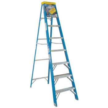 WERNER 6008 Step Ladder, 12 ft Max Reach H, 7-Step, 250 lb, Type I Duty Rating, 3 in D Step, Fiberglass, Blue