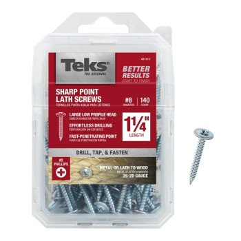 Teks 21512 Lath Screw, #8 Thread, Truss Head, Phillips Drive, Sharp Point, Steel, Zinc, 140 PK