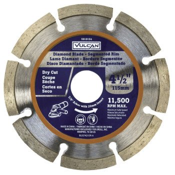 Vulcan 937421OR Diamond Blade, 4.5 in Dia, 7/8 in Arbor, Synthetic Industrial Diamond and 2% Cobalt Cutting Edge