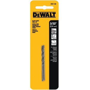 DEWALT DW1106 Jobber Drill Bit, 3/32 in Dia, 2-1/4 in OAL, Parabolic Flute, 3/32 in Dia Shank, Round Shank