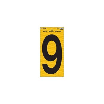 Hy-Ko RV-75/9 Reflective Sign, Character: 9, 5 in H Character, Black Character, Yellow Background, Vinyl