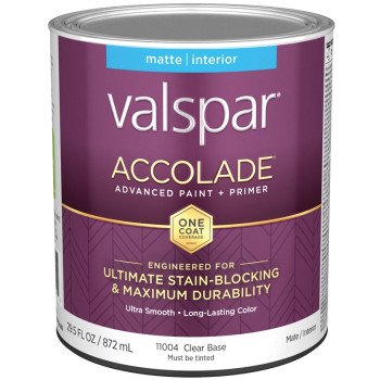 Valspar Accolade 1100 028.0011004.005 Latex Paint, Acrylic Base, Matte, Clear Base, 1 qt, Plastic Can
