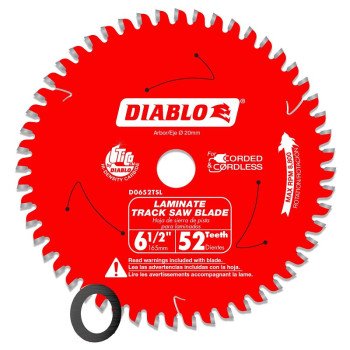 Diablo D0652TSL Track Saw Blade, 6-1/2 in Dia, 20 mm Arbor, 52-Teeth, Carbide Cutting Edge