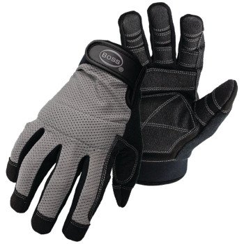 Boss 5204X Utility Mechanic Gloves, XL, Wing Thumb, Wrist Strap Cuff, PVC, Black/Gray
