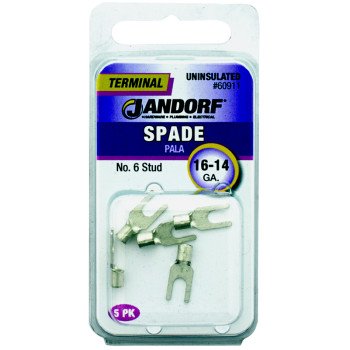 Jandorf 60911 Spade Terminal, 600 V, 16 to 14 AWG Wire, #6 Stud, Copper Contact, 5/PK