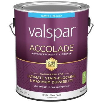 Valspar Accolade 1100 028.0011004.007 Latex Paint, Acrylic Base, Matte, Clear Base, 1 gal, Plastic Can