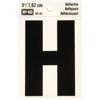 Hy-Ko RV-50/H Reflective Letter, Character: H, 3 in H Character, Black Character, Silver Background, Vinyl