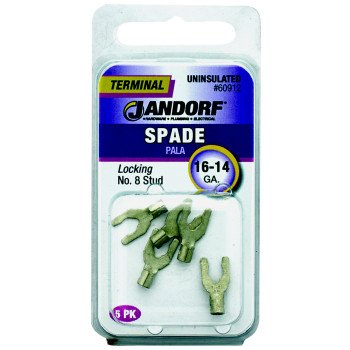 Jandorf 60912 Spade Terminal, 600 V, 16 to 14 AWG Wire, #8 Stud, Copper Contact, 5/PK