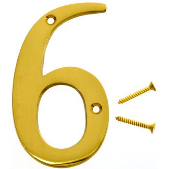 HY-KO BR-90/6 House Number, Character: 6, 4 in H Character, 2-1/2 in W Character, Brass Character, Brass