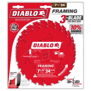 Diablo D0724X3 Saw Blade, 7-1/4 in Dia, 5/8 in Arbor, 24-Teeth, Applicable Materials: Wood