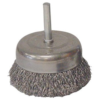 Weiler 36030 Wire Cup Brush, 3 in Dia, 1/4 in Arbor/Shank, 0.014 in Dia Bristle, Carbon Steel Bristle