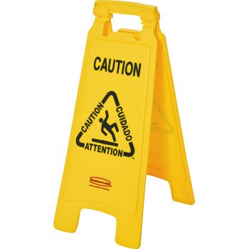 Rubbermaid FG611200 YEL Floor Sign, 11 in W, 25 in H, Yellow Background, Caution, English, French, Spanish