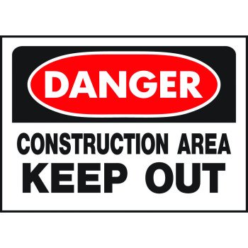 Hy-Ko 520 Danger Sign, Rectangular, CONSTRUCTION AREA KEEP OUT, Black Legend, White Background, Polyethylene