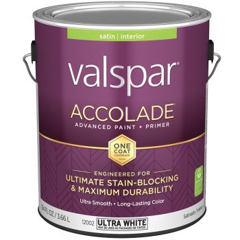 Valspar Accolade 1200 028.0012002.007 Latex Paint, Acrylic Base, Satin, Ultra White, 1 gal, Plastic Can