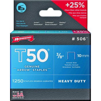 Arrow T50 Series 50624 Staple, For: T50 WA Stapler, 3/8 in W Crown, 3/8 in L Leg