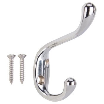 ProSource H6271007CH-PS Coat and Hat Hook, 22 lb, 2-Hook, 1-1/64 in Opening, Zinc, Chrome