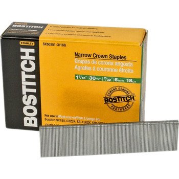 Bostitch SX50351-3/16G Crown Staple, 7/32 in W Crown, 1-3/16 in L Leg, 18 Gauge, Steel