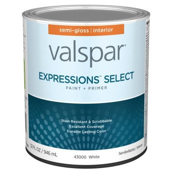 Valspar Expressions Select 4300 028.0043000.005 Latex Paint, Acrylic Base, Semi-Gloss, White Base, 1 qt