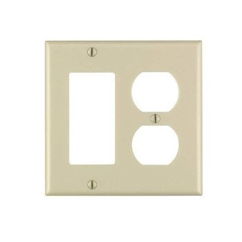 Leviton 80455-I Combination Wallplate, 4-1/2 in L, 4-9/16 in W, Standard, 2-Gang, Thermoset Plastic, Ivory, Smooth