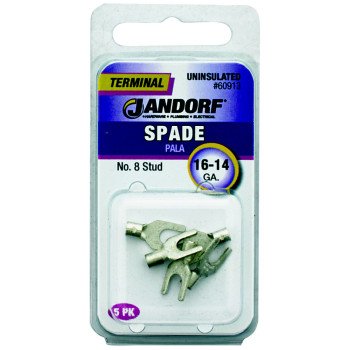 Jandorf 60913 Spade Terminal, 600 V, 16 to 14 AWG Wire, #8 Stud, Copper Contact, 5/PK