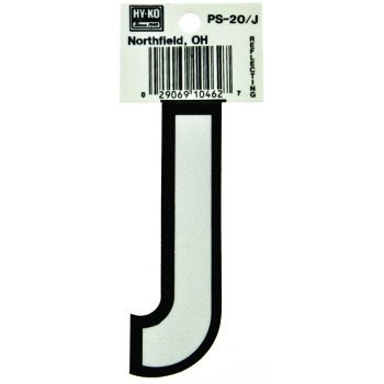 Hy-Ko PS-20/J Reflective Letter, Character: J, 3-1/4 in H Character, Black/White Character, Vinyl