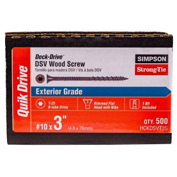 Simpson Strong-Tie Deck-Drive HCKDSVT3S DSV Wood Screw, #10 Thread, 3 in L, Rimmed Flat with Ribs Head, T25 Drive