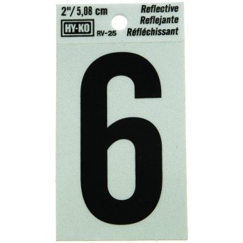 Hy-Ko RV-25/6 Reflective Sign, Character: 6, 2 in H Character, Black Character, Silver Background, Vinyl