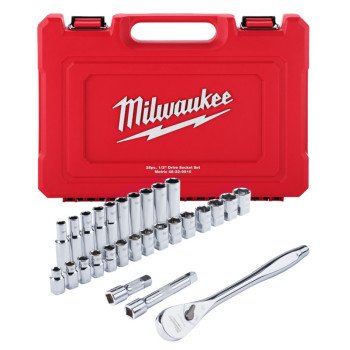 Milwaukee 48-22-9510 Ratchet and Socket Set, Alloy Steel, Specifications: 1/2 in Drive Size, Metric Measurement