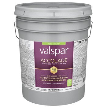 Valspar Accolade 1200 028.0012002.008 Latex Paint, Acrylic Base, Satin, Ultra White, 5 gal, Plastic Pail