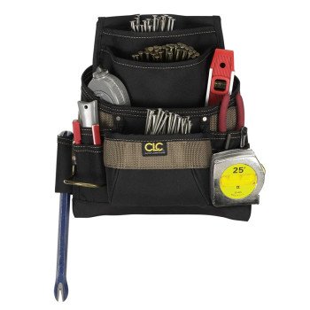 CLC Tool Works Series 1620 Nail/Tool Bag, 12-3/4 in W, 3-1/4 in D, 13-3/4 in H, 11-Pocket, Polyester, Black/Brown