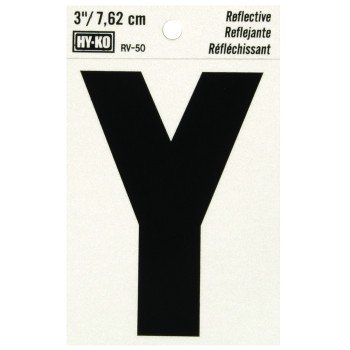 Hy-Ko RV-50/Y Reflective Letter, Character: Y, 3 in H Character, Black Character, Silver Background, Vinyl