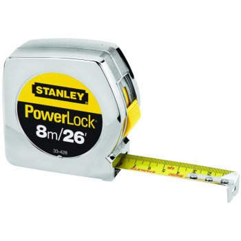 STANLEY 33-428L Tape Measure, 26 ft L Blade, 1 in W Blade, Steel Blade, ABS Case, Chrome Case