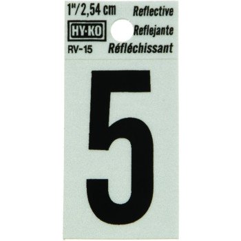 Hy-Ko RV-15/5 Reflective Sign, Character: 5, 1 in H Character, Black Character, Silver Background, Vinyl