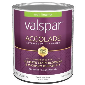 Valspar Accolade 1200 028.0012003.005 Latex Paint, Acrylic Base, Satin, Tint Base, 1 qt, Plastic Can