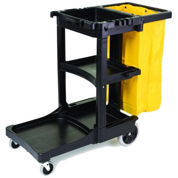 Rubbermaid FG617388BLA Janitor Cleaning Cart, 32 gal, 46 in OAL, 21.8 in OAW, 38.4 in OAH, Plastic, Black