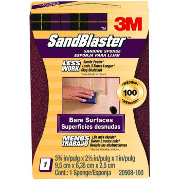 3M SandBlaster 20908-100 Sanding Sponge, 3-3/4 in L, 2-5/8 in W, 100 Grit, Medium, Aluminum Oxide Abrasive