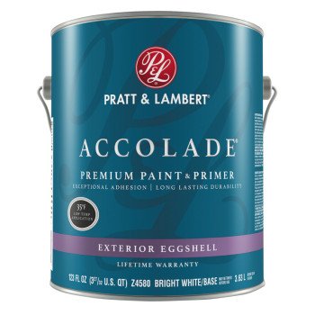 Pratt & Lambert Accolade Z4500 0000Z4580-16 Exterior Premium Paint and Primer, Eggshell, Bright White, 1 gal