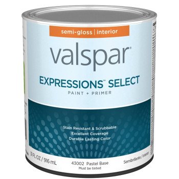 Valspar Expressions Select 4300 028.0043002.005 Latex Paint, Acrylic Base, Semi-Gloss Sheen, Pastel Base, 1 qt