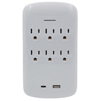 PowerZone ORPBSU072 Outlet Tap, 2.1 A, 1-USB Port, 6-Outlet, White